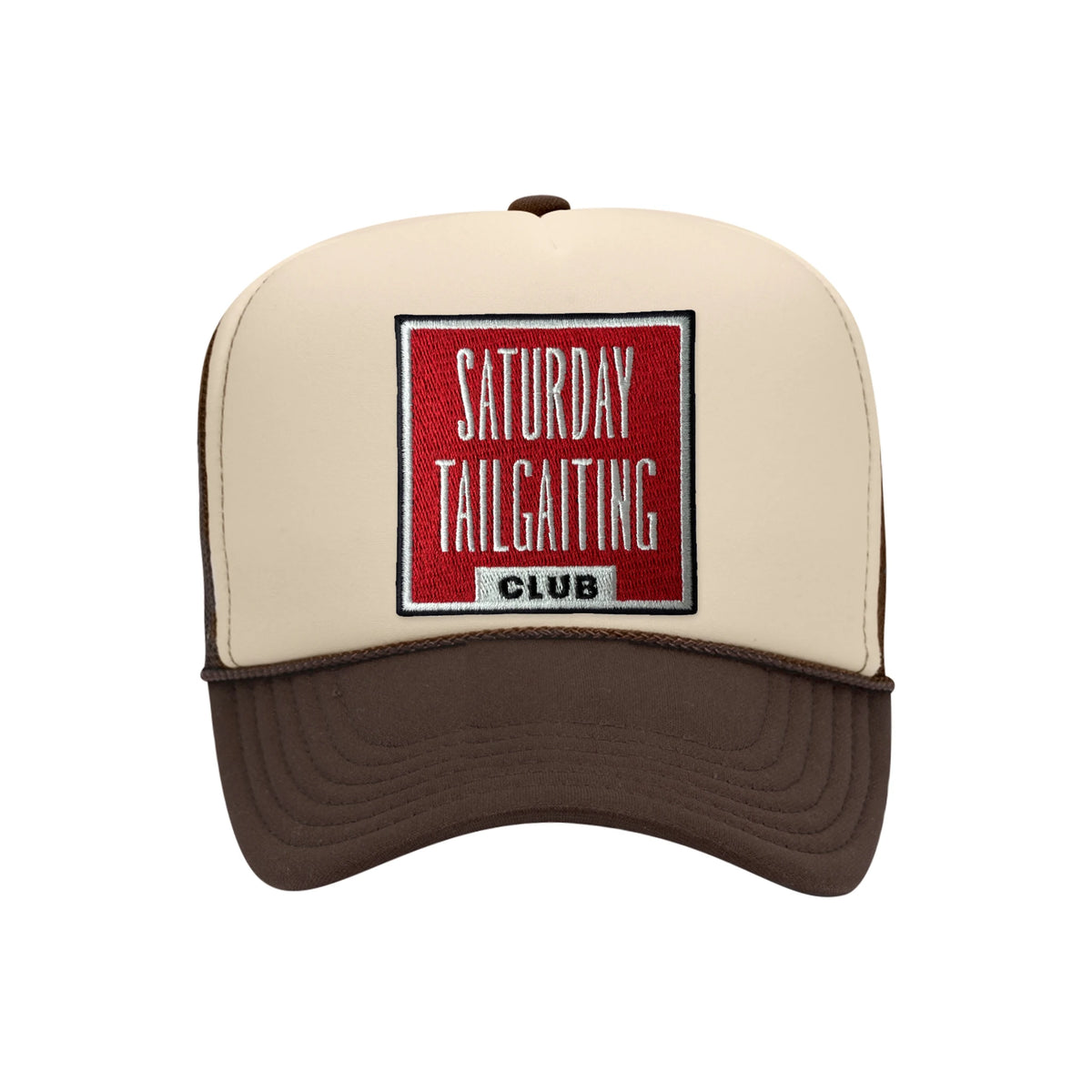 Saturday Tailgating Club embroidered patch on a tan and brown high-profile foam trucker hat