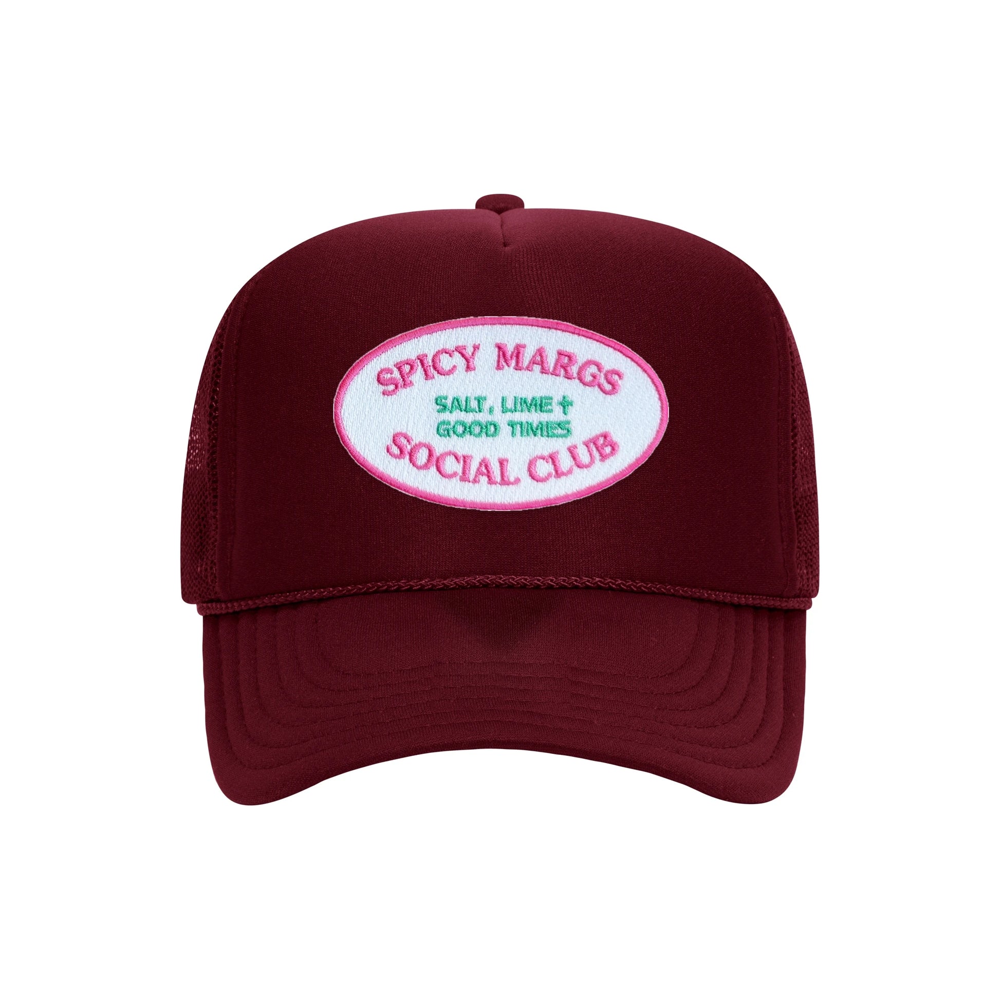 Spicy Margs Social Club trucker hat in burgundy high-profile foam, front view