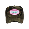 Spicy Margs Social Club trucker hat in camouflage high-profile foam, front view