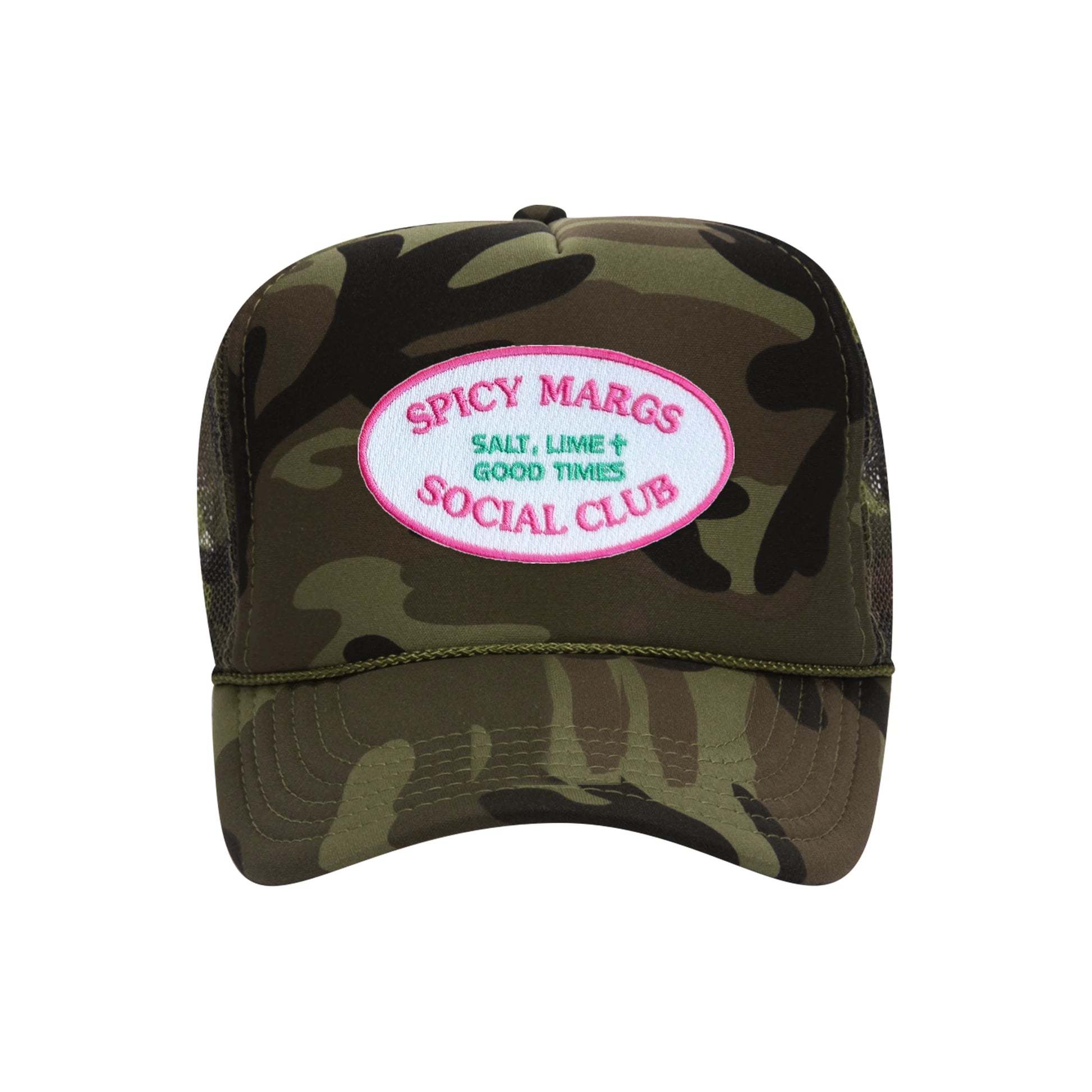 Spicy Margs Social Club trucker hat in camouflage high-profile foam, front view