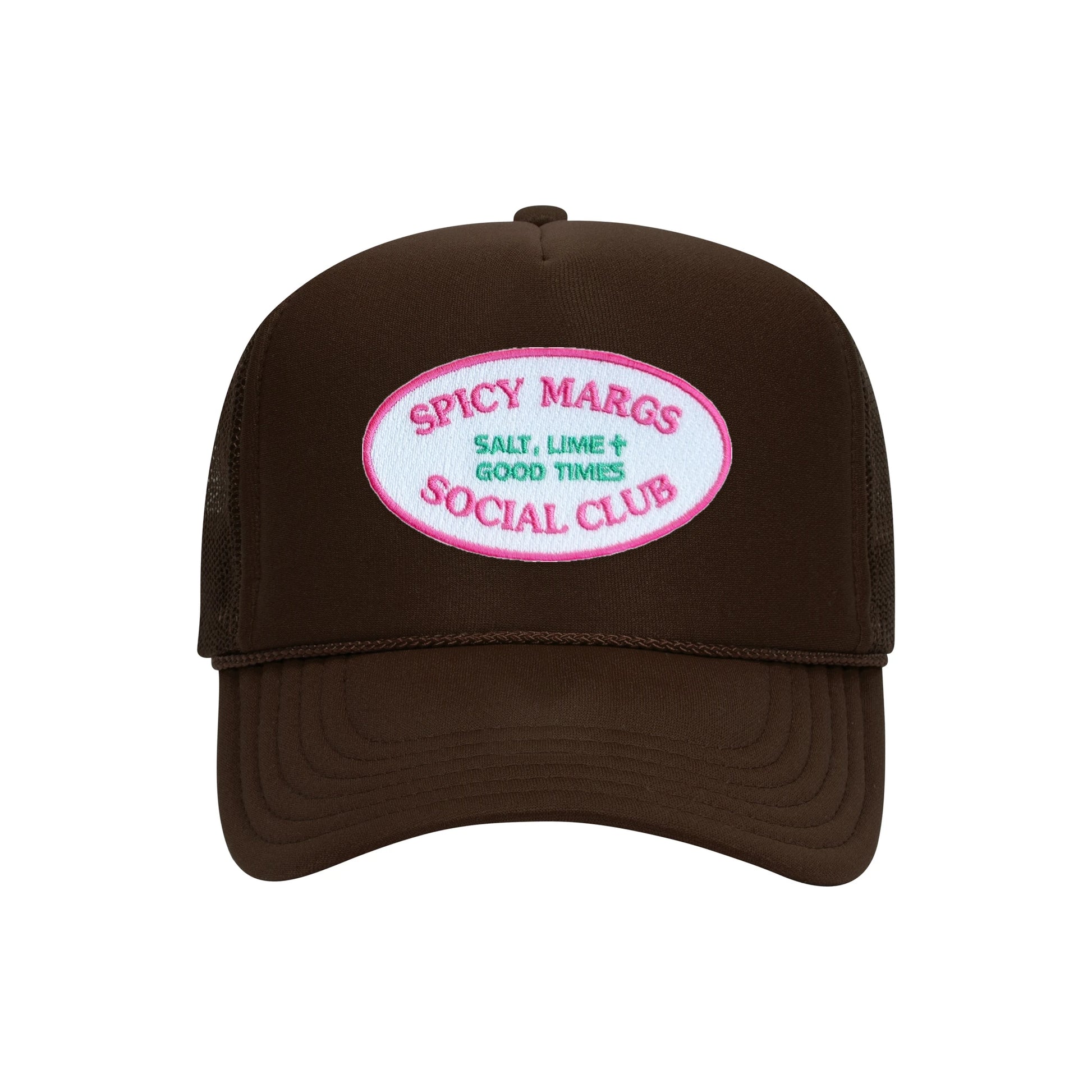 Spicy Margs Social Club trucker hat in espresso brown high-profile foam, front view