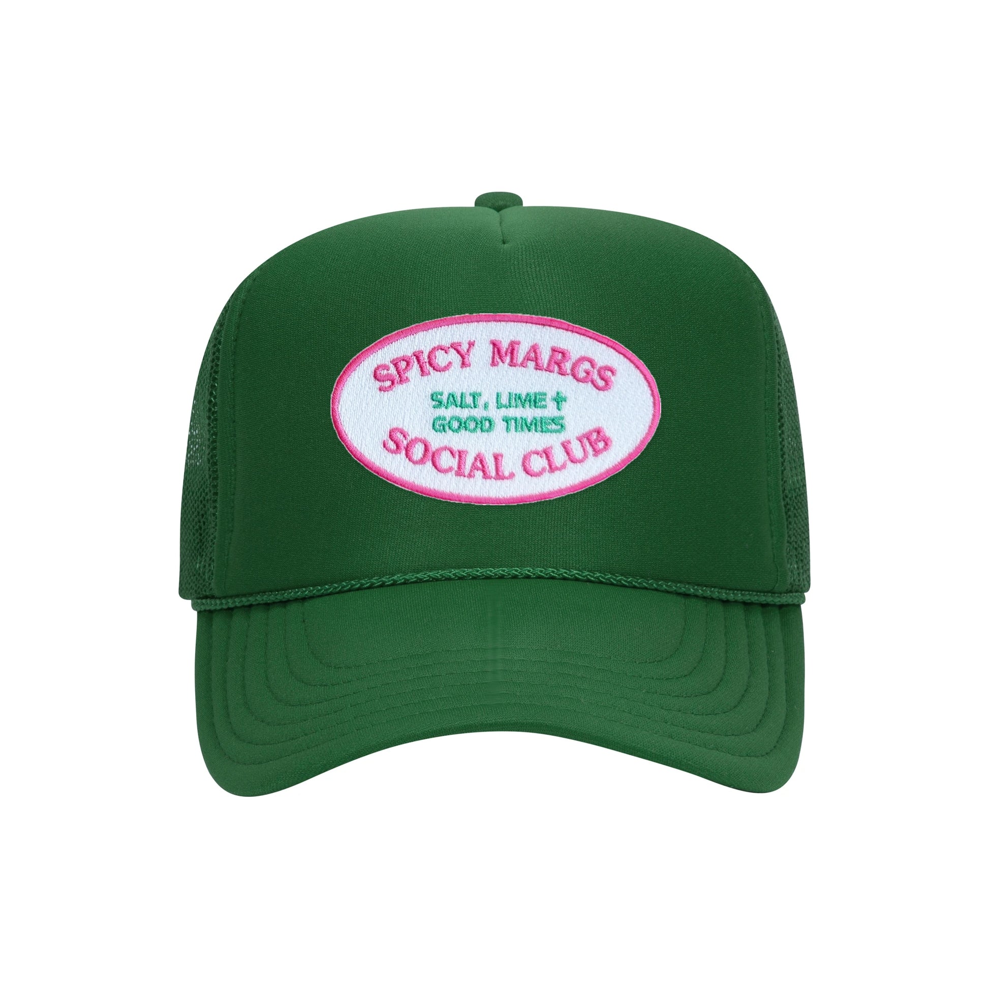 Spicy Margs Social Club trucker hat in kelly green high-profile foam, front view