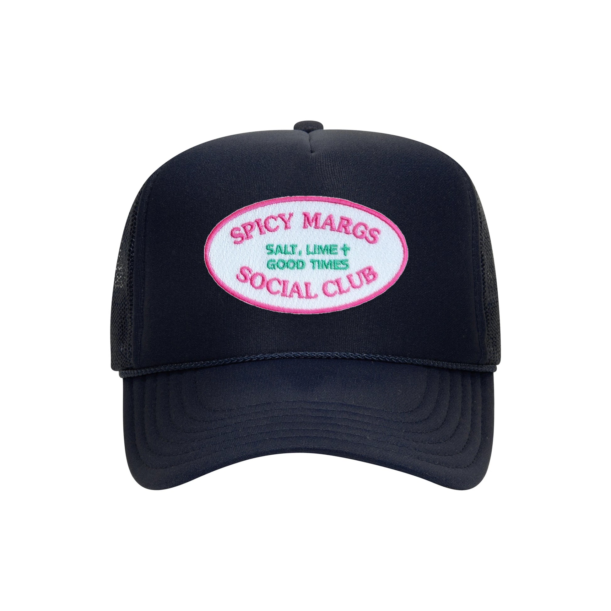 Spicy Margs Social Club trucker hat in navy high-profile foam, front view
