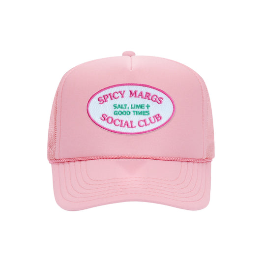 Spicy Margs Social Club trucker hat in soft pink high-profile foam, front view