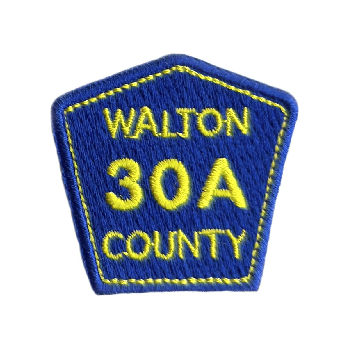 Walton County 30A embroidered iron-on patch, a small blue road shield with yellow lettering and a yellow stitched border on a plain white background