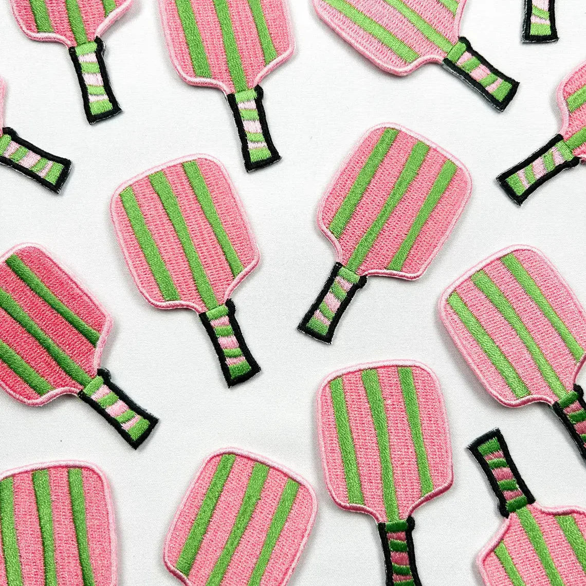 Pickleball Paddle iron-on patches pink and green striped design