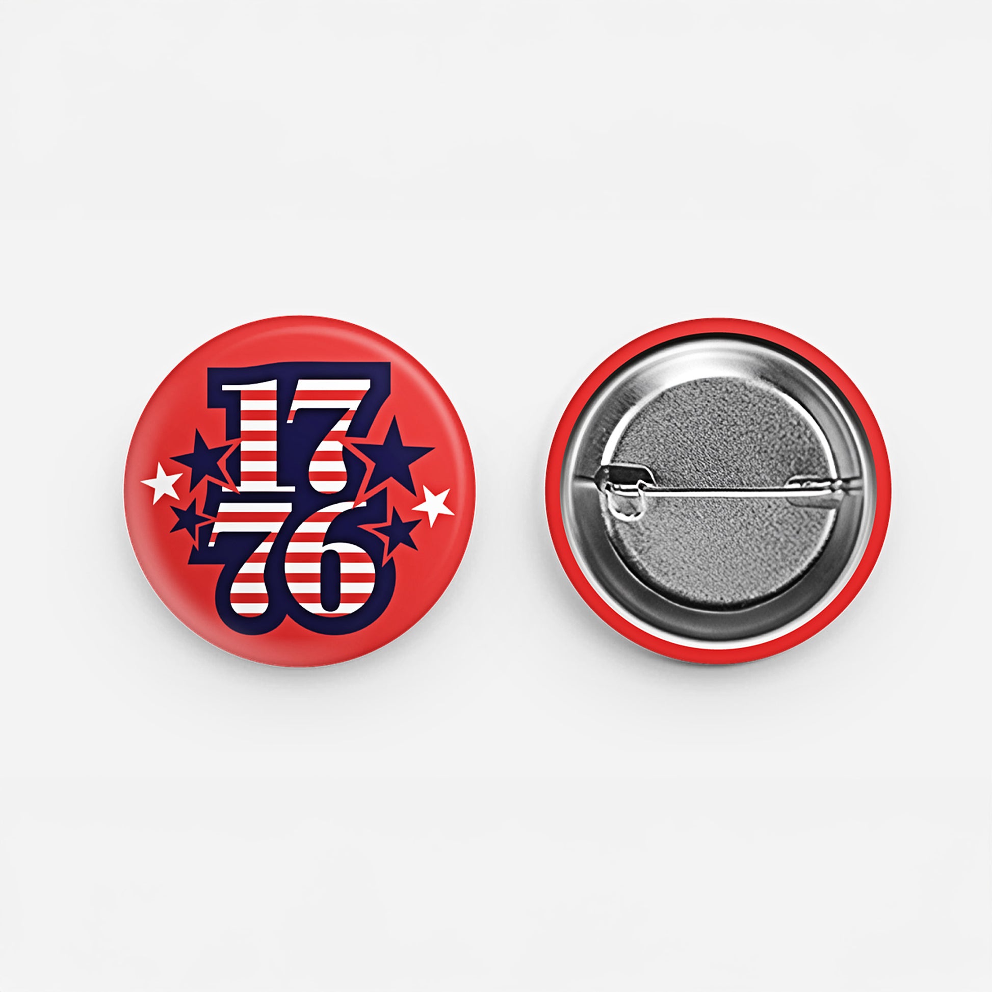 1776 pin-back button in red with stars and stripes filled numbers